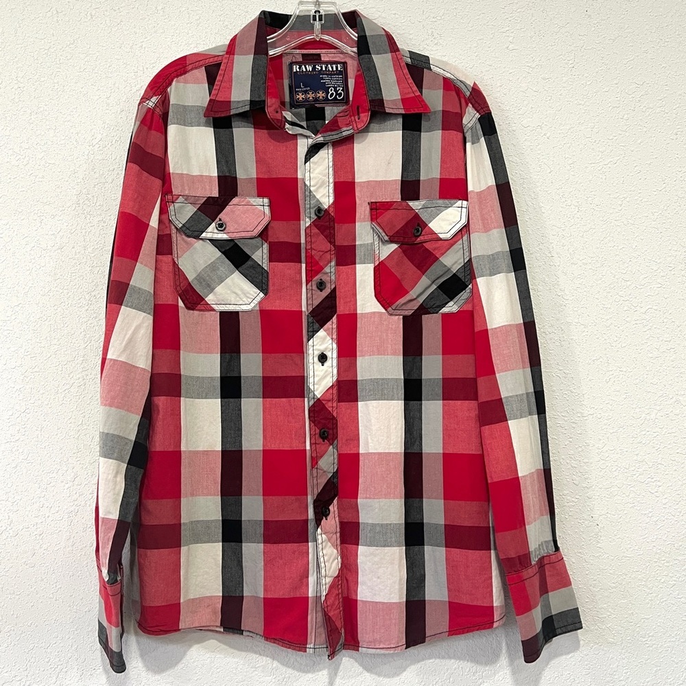 Raw State Red and Black Plaid Button-Up Long Sleeve Shirt Size Large 100% Cotton
